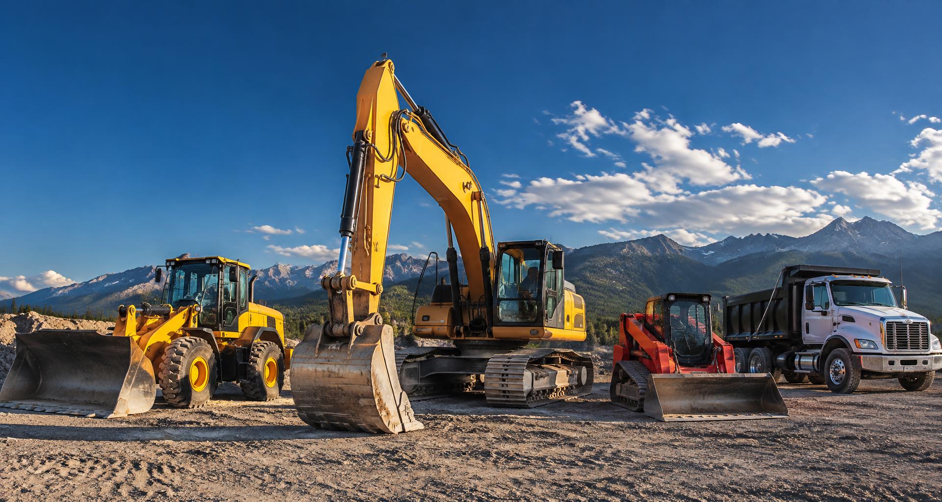 Construction equipment lineup with an excavator, wheel loader, compact loader and dump truck — illustrative equipment photography